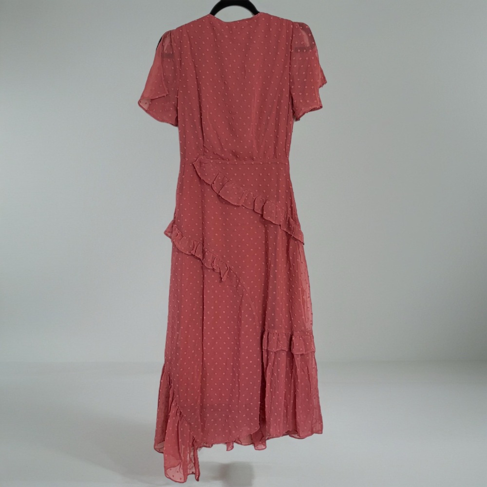 Lulus Swiss Dot Ruffle Midi Dress Women XS Rose Pink NEW Faux Wrap V-Neck Slit - Picture 4 of 9
